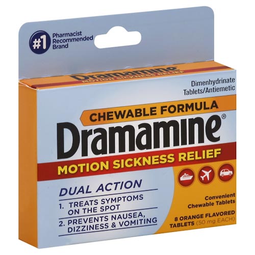 Image for Dramamine Motion Sickness Relief, 50 mg, Chewable Tablets, Orange Flavored,8ea from Total Health Care Pharmacy